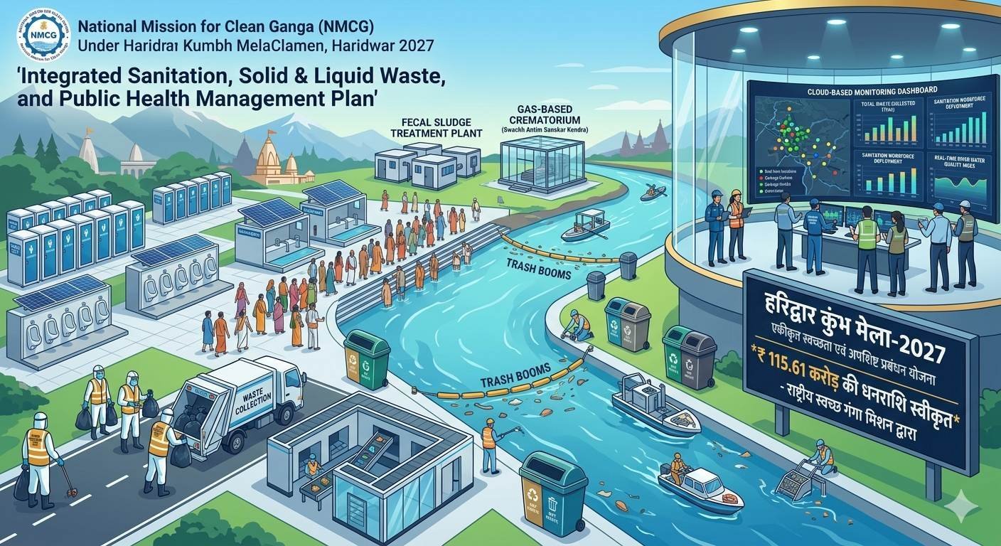 राष्ट्रीय स्वच्छ गंगा मिशन के तहत हरिद्वार कुंभ मेला-2027 के लिए एकीकृत स्वच्छता, ठोस एवं तरल अपशिष्ट तथा जनस्वास्थ्य प्रबंधन योजना के लिए मिली 115.61 करोड़ की धनराशि
